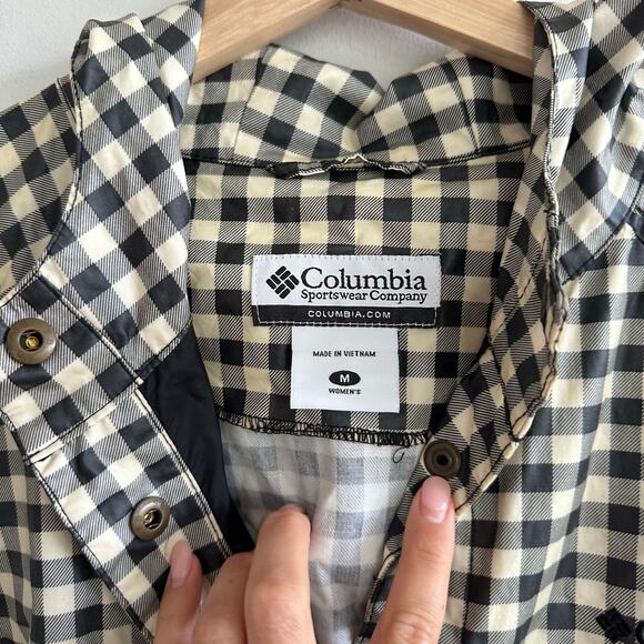 Columbia Plaid Belted Hoodie Waterproof Trench Raincoat Black Ivory M - Picture 4 of 12